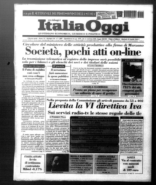 Italia oggi : quotidiano di economia finanza e politica